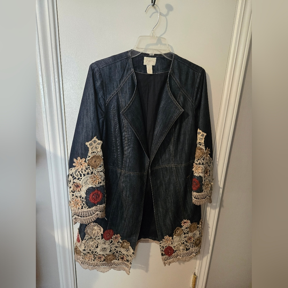 Chico's Dark Blue Embroidered Denim Jacket